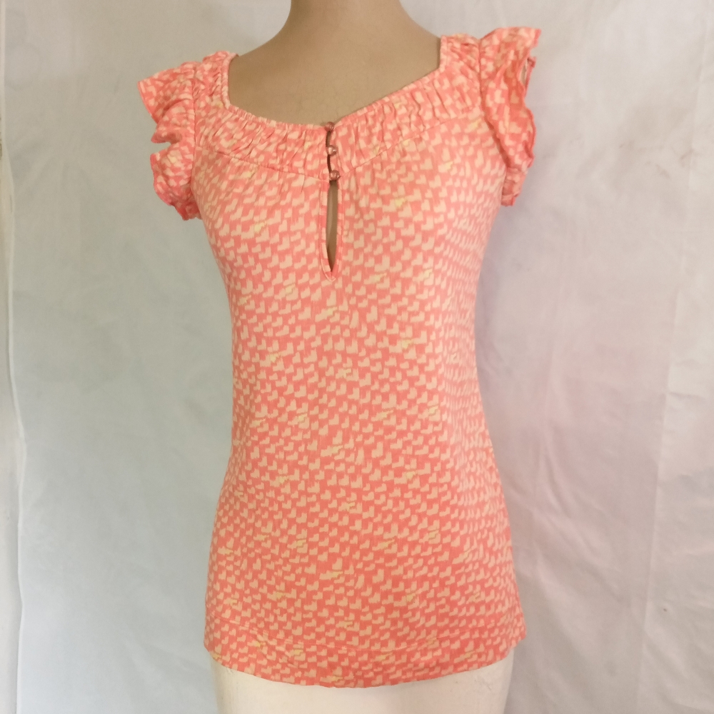 Marc Jacobs Coral Pink Printed Ruffle Sleeve Top Silk Blend